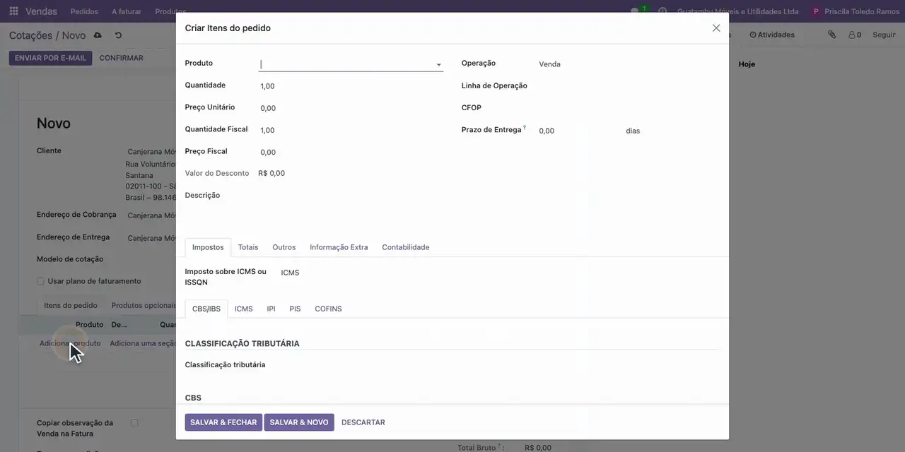 Clique em Adicionar produto: abre a janela do item.