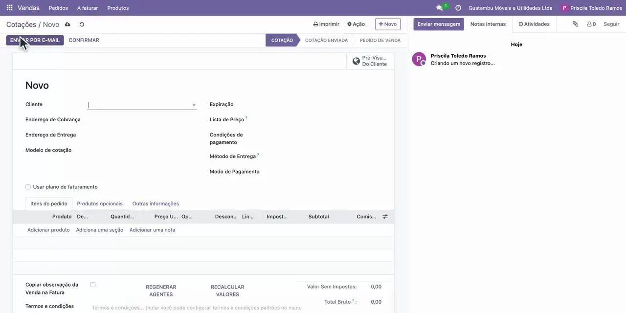 Abra o aplicativo Vendas e clique em Novo para criar uma cotação.