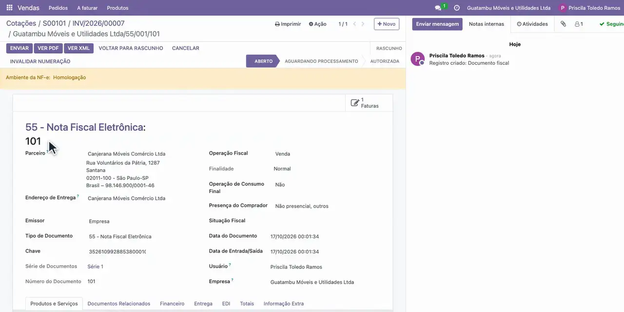 Clique em Detalhes Fiscais: a NF-e nº 101 está pronta para transmitir à SEFAZ.