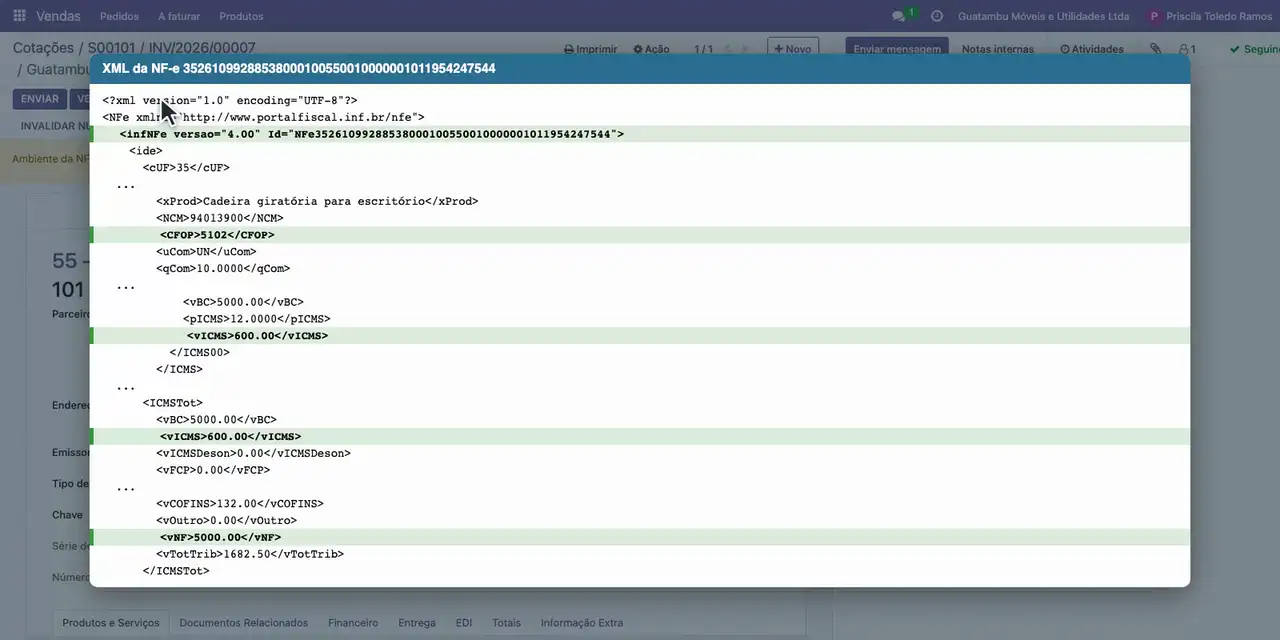 Antes de transmitir, confira no XML a chave de acesso, o CFOP 5102, o ICMS de 600,00 e o total.