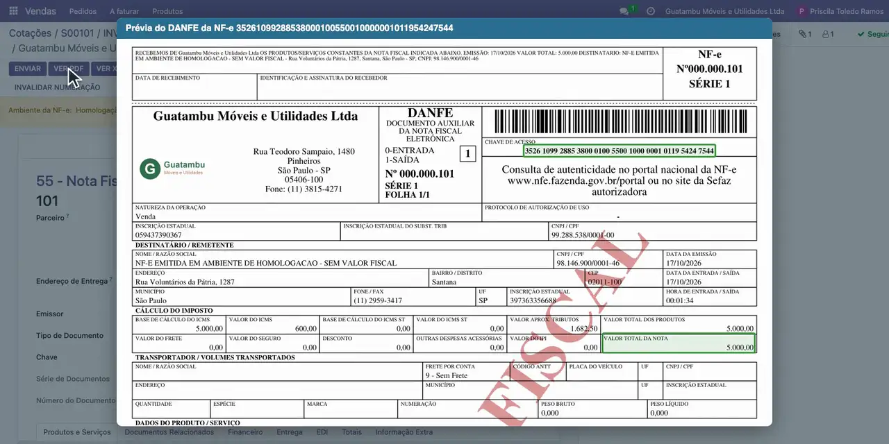 Confira a prévia do DANFE: a mesma chave de acesso e o valor total da nota de 5.000,00.