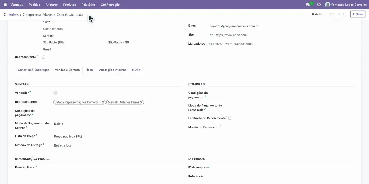Em Vendas, Pedidos, Clientes, abra a Canjerana e, na aba Vendas e Compra, inclua os dois representantes.